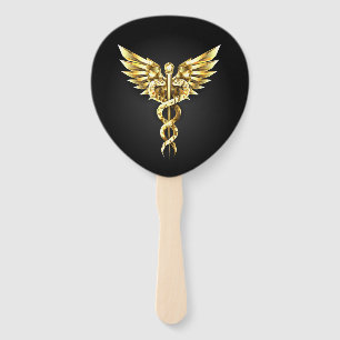 Gold Polygonal Symbol Caduceus Hand Fan