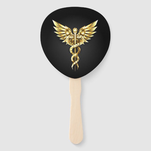 Gold Polygonal Symbol Caduceus Hand Fan (Front)
