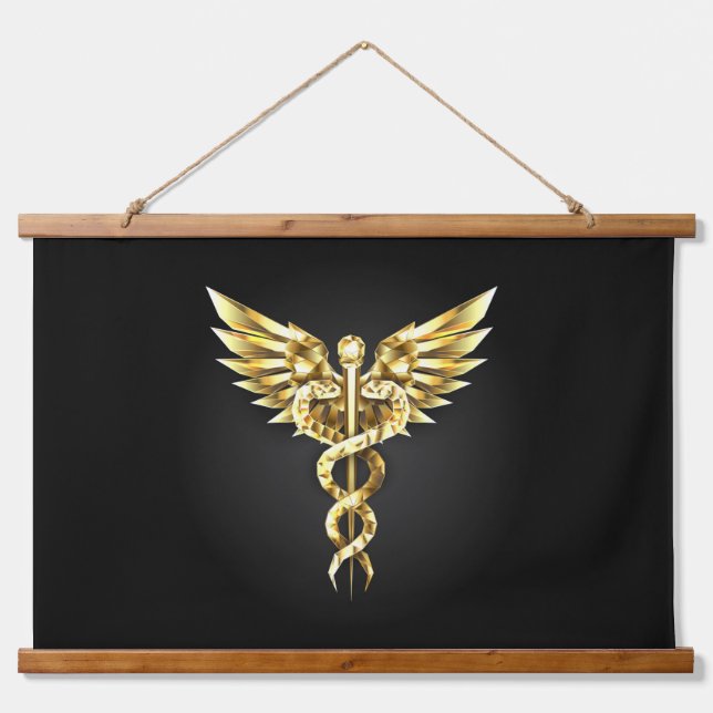 Gold Polygonal Symbol Caduceus Hanging Tapestry (Front)