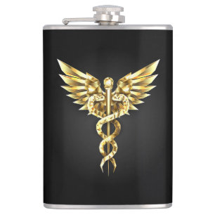 Gold Polygonal Symbol Caduceus Hip Flask