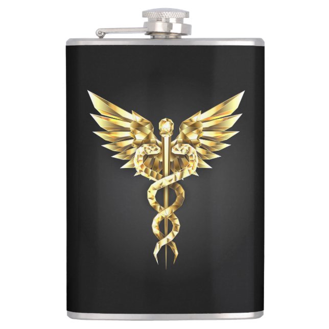Gold Polygonal Symbol Caduceus Hip Flask (Front)