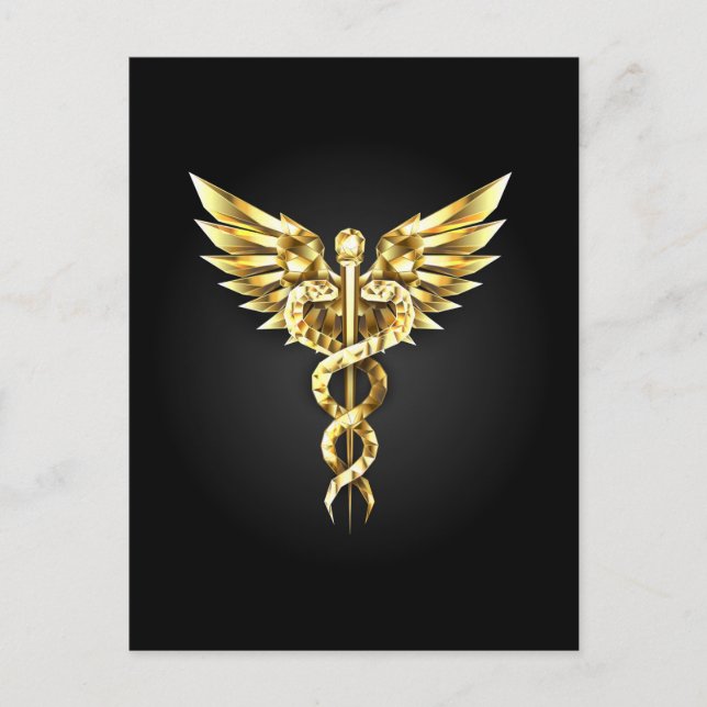 Gold Polygonal Symbol Caduceus Invitation Postcard (Front)