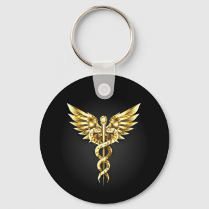 Gold Polygonal Symbol Caduceus Key Ring
