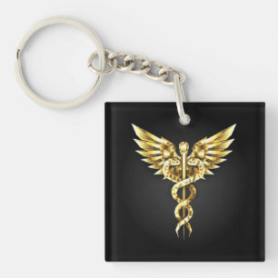 Gold Polygonal Symbol Caduceus Key Ring
