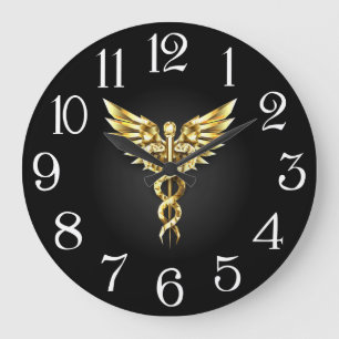 Gold Polygonal Symbol Caduceus Large Clock