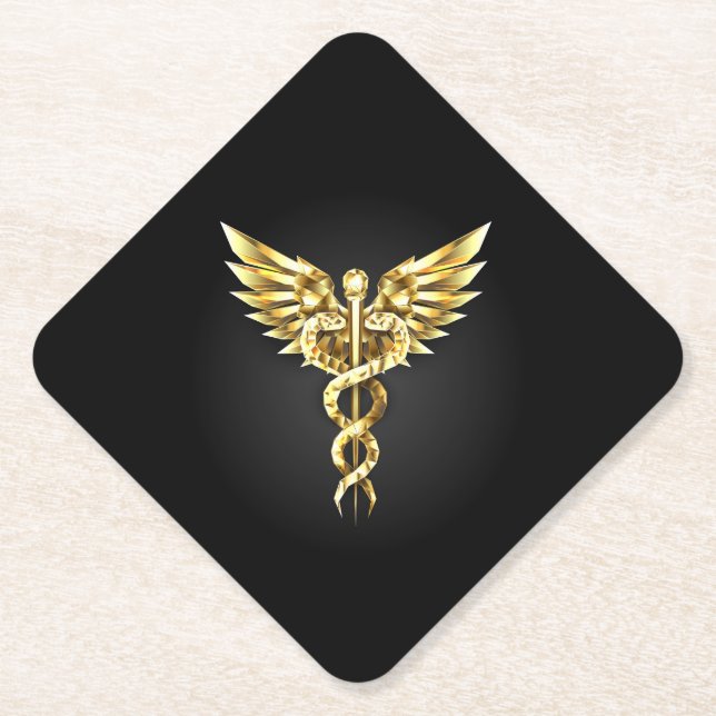 Gold Polygonal Symbol Caduceus Paper Coaster (Front)