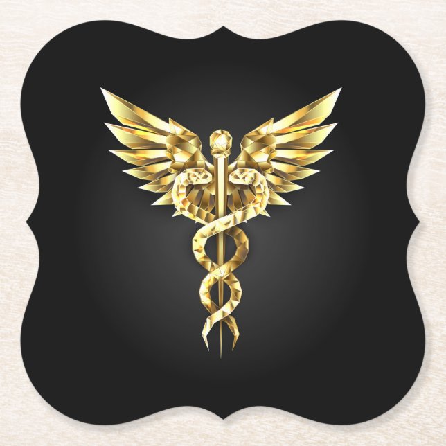 Gold Polygonal Symbol Caduceus Paper Coaster (Front)