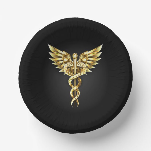 Gold Polygonal Symbol Caduceus Paper Plate (Front)