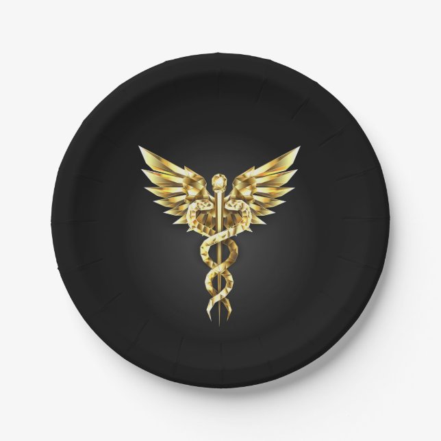 Gold Polygonal Symbol Caduceus Paper Plate (Front)