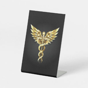 Gold Polygonal Symbol Caduceus Pedestal Sign