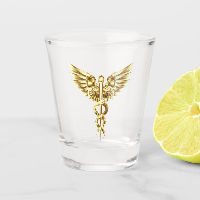 Gold Polygonal Symbol Caduceus Shot Glass (Front)