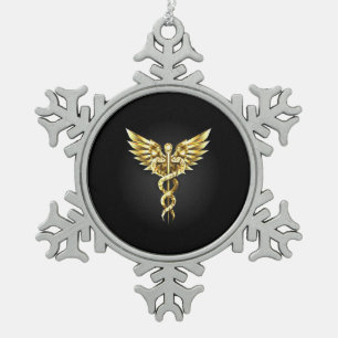 Gold Polygonal Symbol Caduceus Snowflake Pewter Christmas Ornament