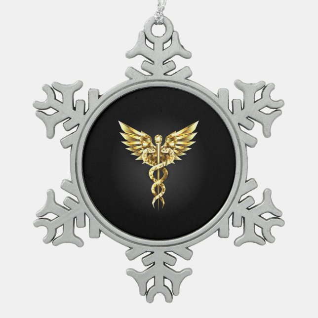 Gold Polygonal Symbol Caduceus Snowflake Pewter Christmas Ornament (Front)