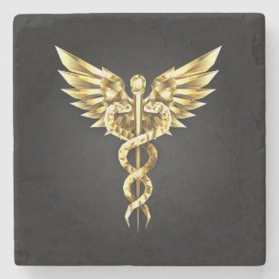 Gold Polygonal Symbol Caduceus Stone Coaster
