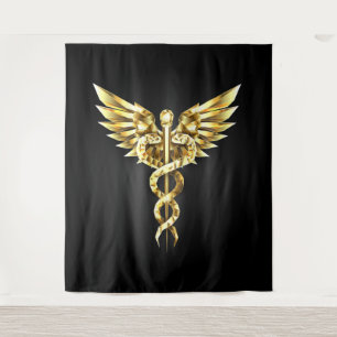 Gold Polygonal Symbol Caduceus Tapestry