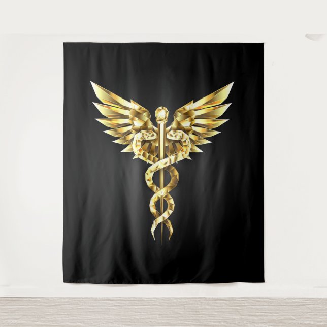 Gold Polygonal Symbol Caduceus Tapestry (Front)