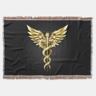 Gold Polygonal Symbol Caduceus Throw Blanket