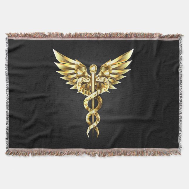 Gold Polygonal Symbol Caduceus Throw Blanket (Front)