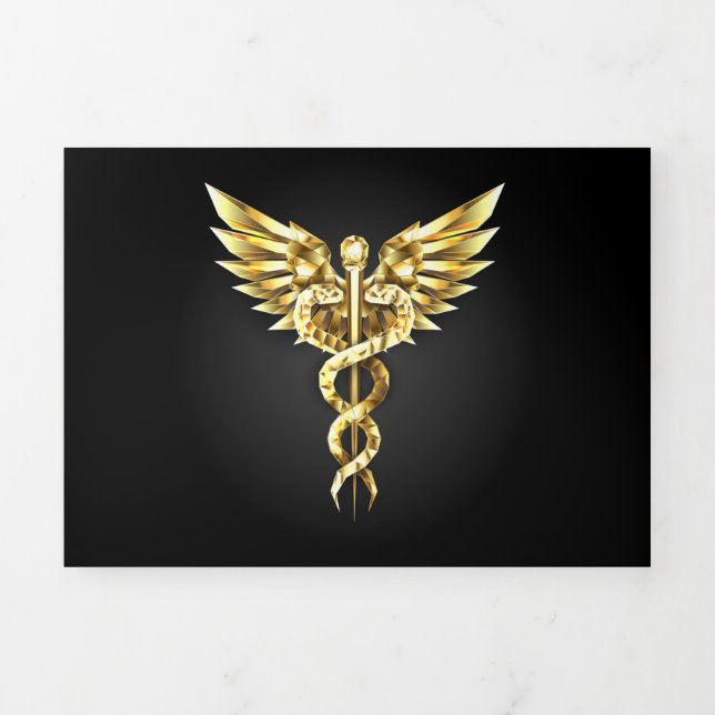 Gold Polygonal Symbol Caduceus Tri-Fold Holiday Card (Cover)
