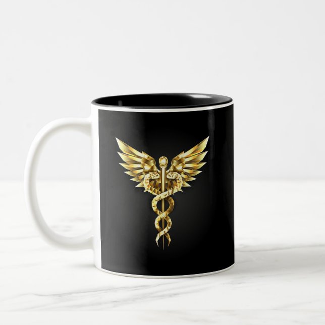 Gold Polygonal Symbol Caduceus Two-Tone Coffee Mug (Left)