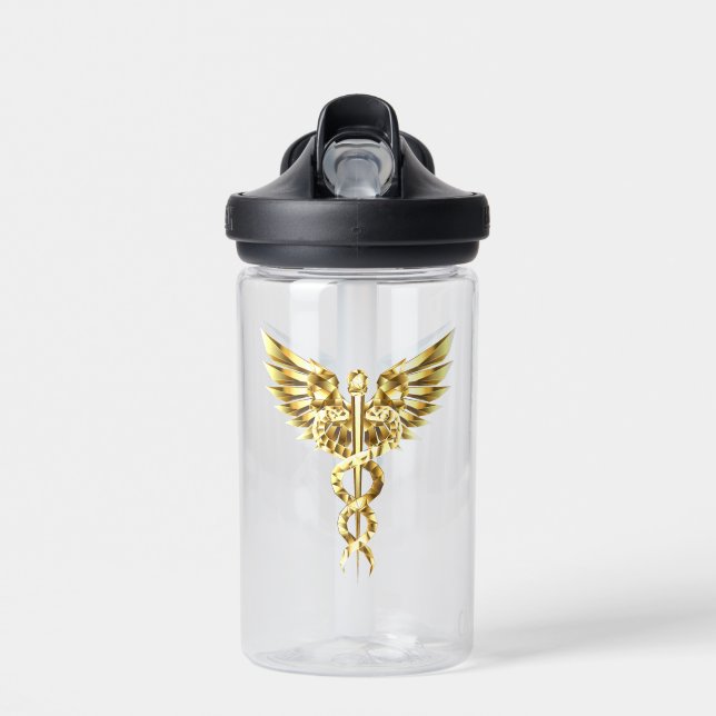 Gold Polygonal Symbol Caduceus Water Bottle (Front)