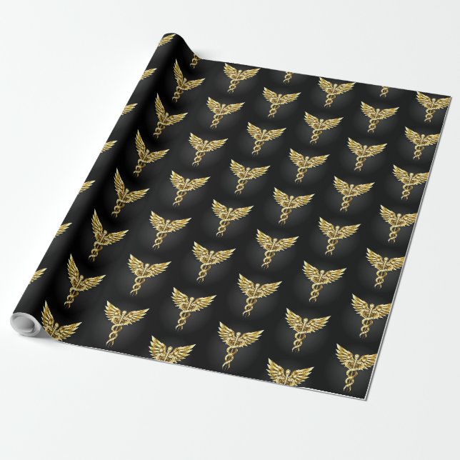 Gold Polygonal Symbol Caduceus Wrapping Paper (Unrolled)