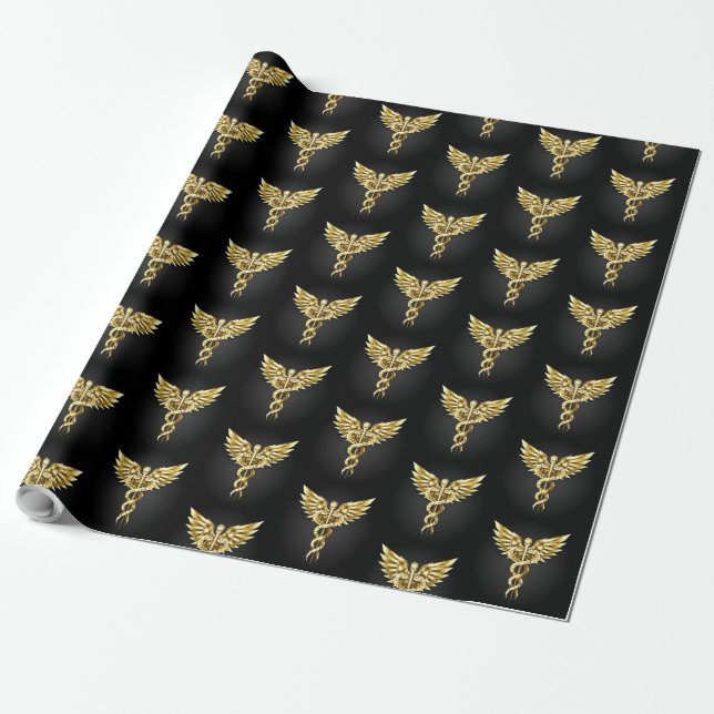Gold Polygonal Symbol Caduceus Wrapping Paper (Unrolled)