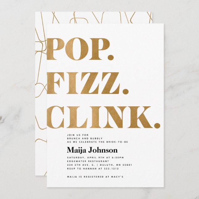 Gold Pop Fizz Clink Bridal Shower Invitation (Front/Back)
