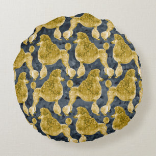 Gold Posh Poodle Night Gray Round Cushion