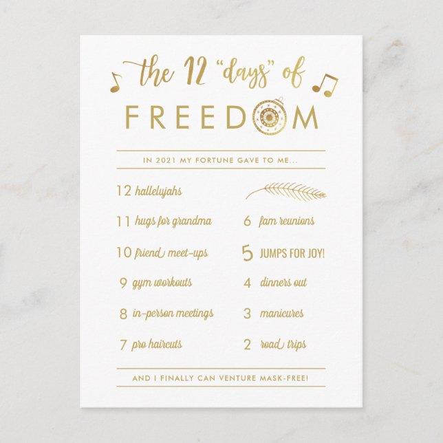 Gold Post COVID 12 Days of Freedom Funny Christmas Holiday Postcard (Front)