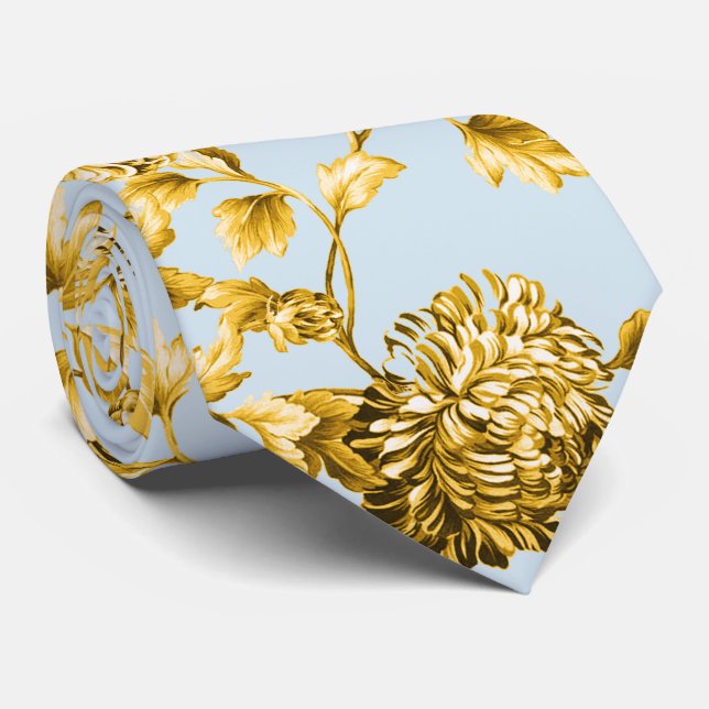 Gold & Powder Blue Modern Botanical Floral Toile Tie (Rolled)