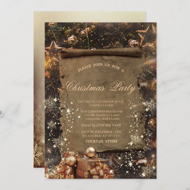 Gold Presents,Snowflakes Vintage Company  Invitation (Front/Back)
