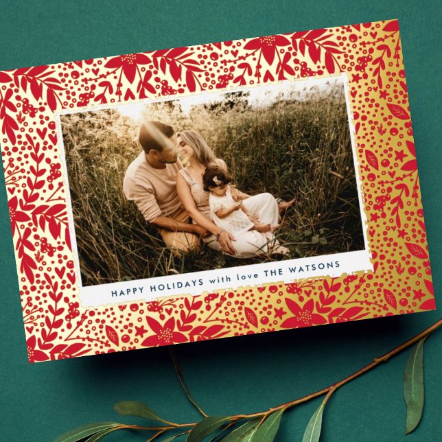 Gold Pressed Botanical Floral Frame Photo Happy Foil Holiday Card (Creator Uploaded)