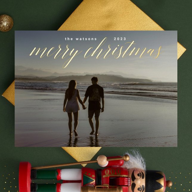 Gold Pressed Calligraphy Merry Christmas Photo Foil Holiday Card (Creator Uploaded)