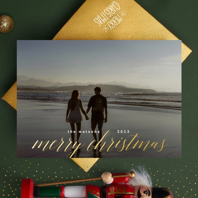 Gold Pressed Calligraphy Merry Christmas Photo Foil Holiday Card (Creator Uploaded)