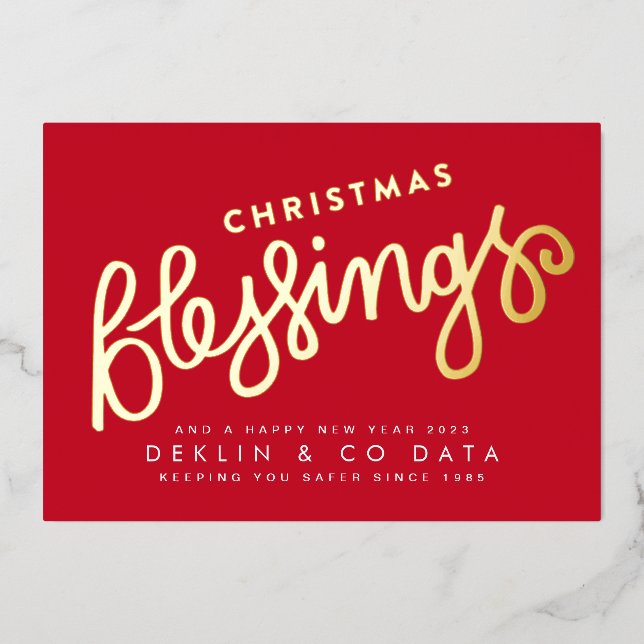 Gold Pressed Christmas Blessing Corporate Red Foil Holiday Card (Front)