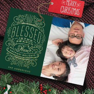 Gold Pressed Christmas Greeting Green Photo Foil Holiday Card