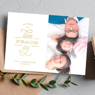 Gold Pressed LOVE PEACE JOY Greeting Photo Foil Holiday Card