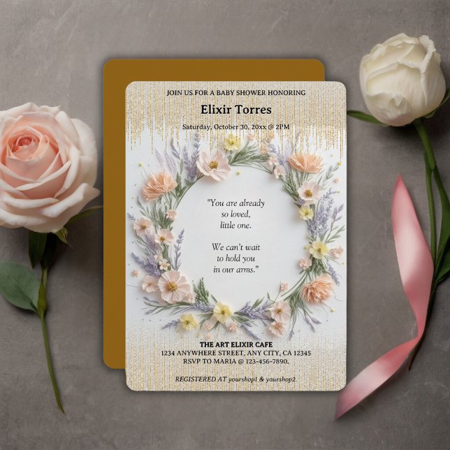 Gold Pressed Wildflower in Bloom Baby Shower Invitation (Creator Uploaded)