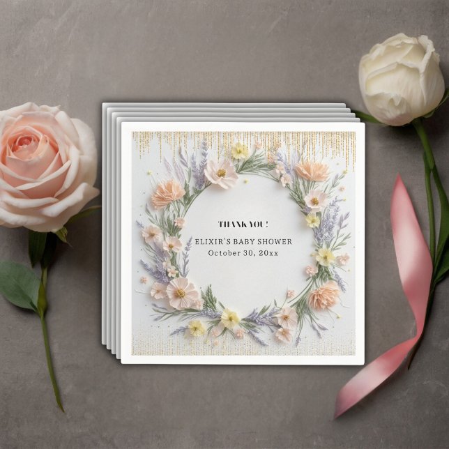 Gold Pressed Wildflower in Bloom Baby Shower Napkin (Creator Uploaded)