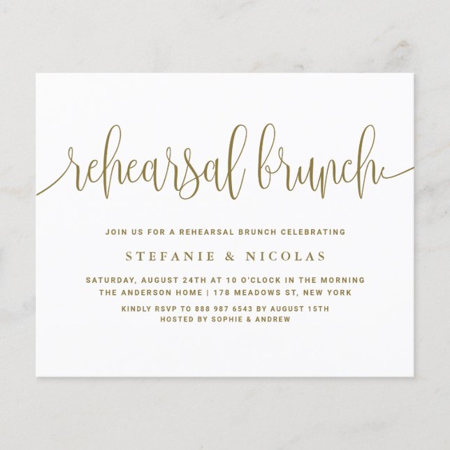 Gold Pretty Calligraphy Rehearsal Brunch Invite (Front)