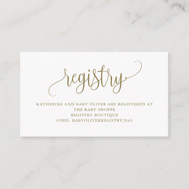 Gold Pretty Script Baby Shower Registry Enclosure Card (Front)
