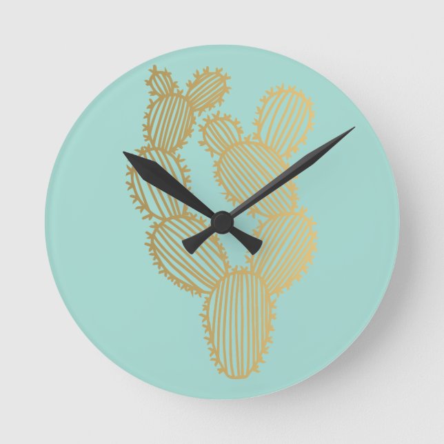 Gold Prickly Cactus Doodle Round Clock (Front)