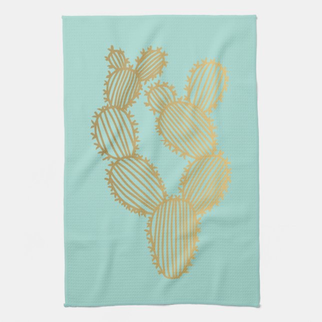 Gold Prickly Cactus Doodle Tea Towel (Vertical)