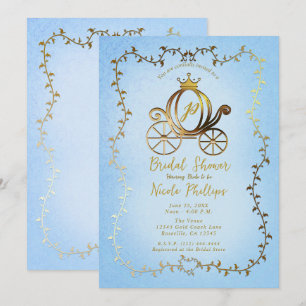 Gold Princess Carriage Blue Storybook Bridal  Invitation