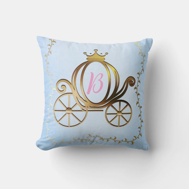 Gold Princess Carriage Blue Storybook Cushion (Front)