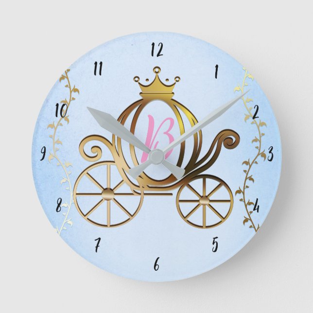 Gold Princess Carriage Blue Storybook Personalised Round Clock (Front)