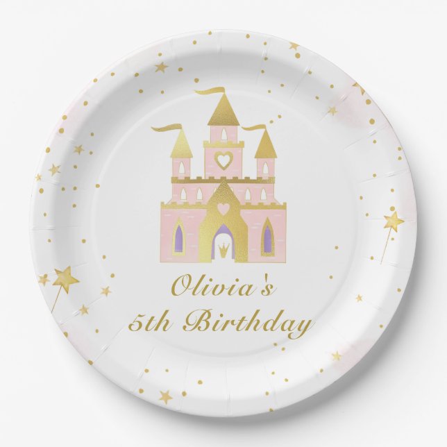  Gold Princess Castle Girl Birthday Paper Plate (Front)
