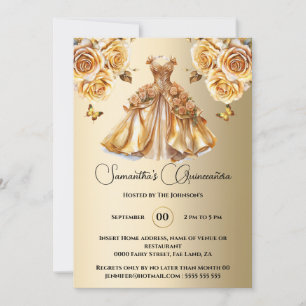Gold princess Quinceañera butterfly ballgown roses Invitation