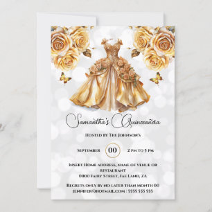 Gold princess Quinceañera fantasy ballgown roses Invitation